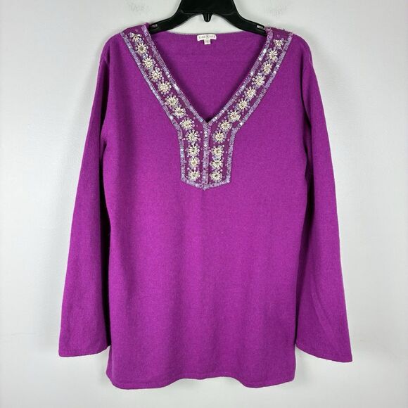 Women’s Beaded Purple V Neck Sweater L Cashmere Angora Holiday Party Evening Top - Picture 1 of 7